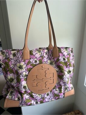 Tory Burch Pink Floral Tote with Tan Leather Accents